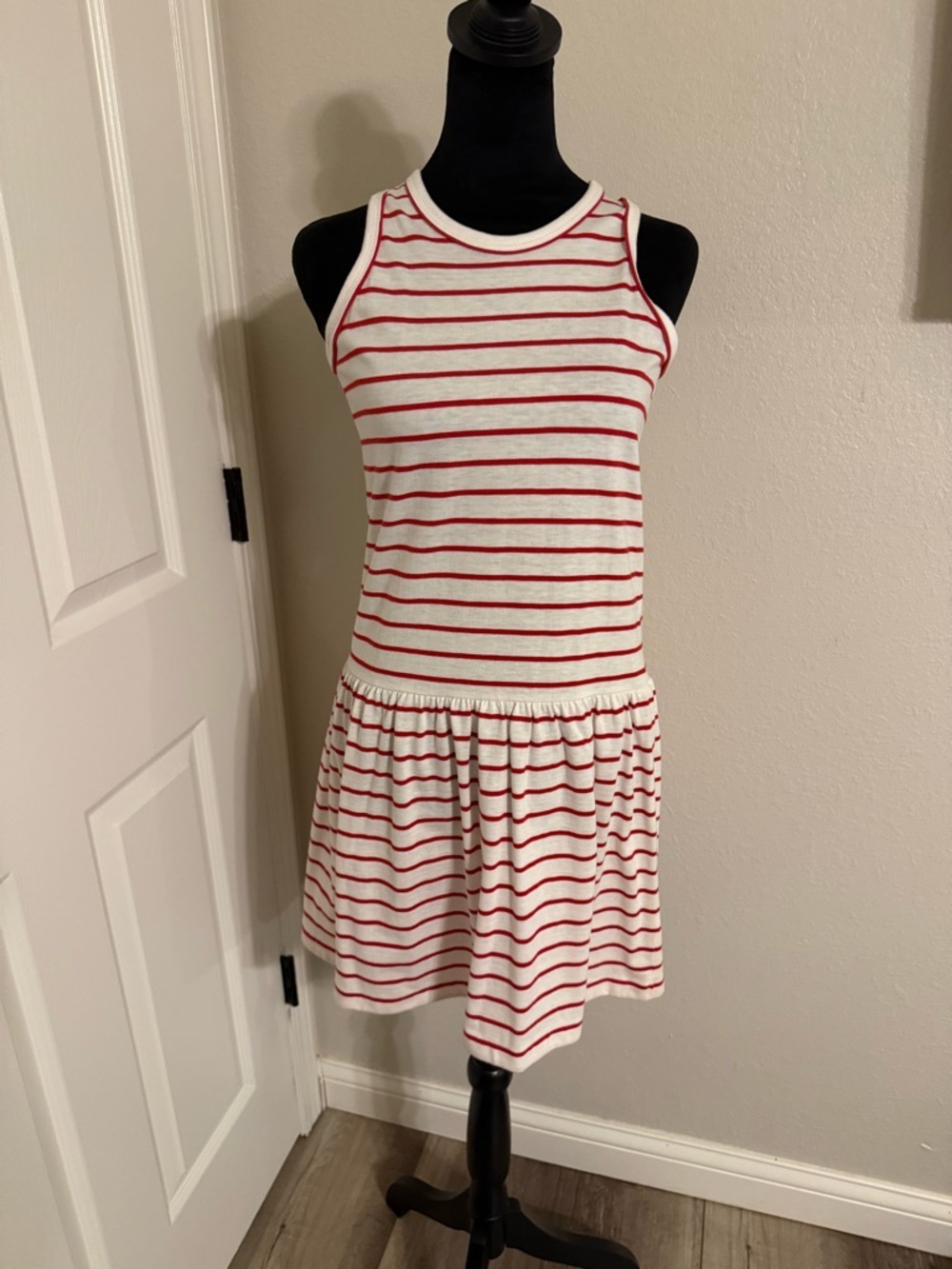Lands' End Red and White Striped Sleeveless Knit Dress